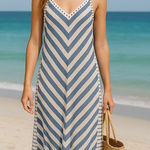 Tommy Bahama  Maxi‎ Cover-Up Dress Size XS Blue White Stripe Pom Trim Linen Blend Photo 0