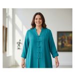 Maggie Barnes  Womens PLUS 2X Linen Aqua Blue Frog Button Mandarin Collar Top Photo 9