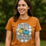 NEW Women's Size Small "Hello Pumpkin" Adiva Thanksgiving Shirt Copper Plaid Brown Photo 0