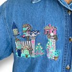Vintage Bobbie Brooks Shirt Chambray Medium Wash Denim Button Up Birds Flower Blue Photo 4