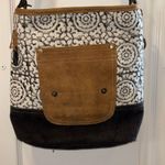 MYRA BAG BRAND..PIVOT PRINT SHOULDER BAG ADJUSTABLE STRAP TAN SUEDE DARK CANVAS Photo 9