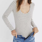 Madewell  Cream Striped Long Sleeve Bodysuit - Size - Medium Photo 0