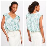Loft Floral V-Neck Bubble Hem Top in Mint Lake - Size L Photo 1
