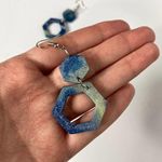Handmade Polymer Geometric Glitter Reversible Dangly Clay Earrings Blue Hexagon Photo 0