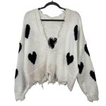 Wildfox Heart Sweater Sz Small White Black V Neck Oversized Fringe Raw Hem Knit Photo 1