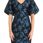 Adelyn Rae  Floral Print Jacquard V-Neck Puff Sleeve Sheath Dress Teal Medium Photo 0