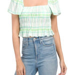 ZARA  Green And White Plaid Square Neck‎ Puff Sleeve Smocked Cropped Top Size XS Photo 0
