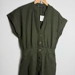 ZARA NWT Long Linen Blend Jumpsuit Olive Green V Neck Snap Front Size Small Photo 2