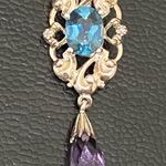 Sterling Silver Vintage 925 Signed Blue Topaz Amethyst Teardrop Pendant 3.9g Photo 2