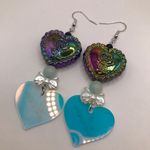 Handmade Beaded Oil Slick Rose Heart Earrings with Iridescent Lover Heart Charms White Photo 4