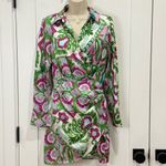 Mango  Wrapped Satin Mini Dress Floral Long Sleeve Collared Green Purple Small Photo 2
