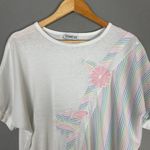 Vintage 80s Top Pastel‎ Rainbow Batwing Sleeve Women Flowers White Tee Retro Tee Photo 3
