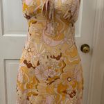 VTG Y2K Mesh Overlay Floral Babydoll Mini Dress Butter Yellow 70s Ruffle Hem S Orange Photo 0