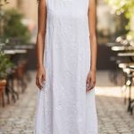 Elle  White Dress SZ L Embossed W/ Embroidery LWD Bow Tie Back Handkerchief Sheer Photo 0