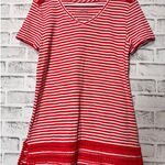 Talbots  Red White Striped V Neck Tunic Top Short Sleeve Crochet Trim Size S Photo 0