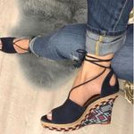 CAbi Isla Blue Suede Ankle Wrap Wedge Sandals Espadrille Southwestern Shoes 8 Photo 13