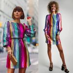 RIXO Ava Rainbow Sequin Stripe Mini Dress Balloon Sleeve Long Sleeve XS Photo 2