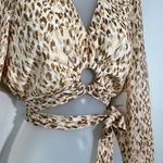 Japna Japan Brown Animal Print Chiffon Wrap Balloon Sleeve Crop Top Blouse NWT Medium Photo 2