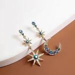 Asymmetrical Blue Crystal Star Moon Dangle Drop Earrings for Women Gold Photo 0