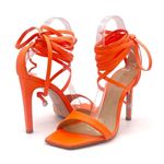 Schutz NEW Bryce Leather Stiletto Sandals Acid Orange Lace-Up Sandals Size 5 Photo 0