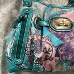 Kathy Van Zeeland  Turquoise‎ Patent Leather Multicolor Satin Fabric Shoulder Bag Photo 3