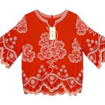 Solitaire  Embroidered BOHO Chic Flare Sleeve Top Orange Size M Floral NEW Photo 0