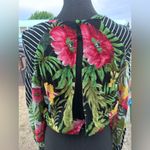 Farm Rio  WOMENS PERITE OPEN BACK Floral Black Top with Striped Sleeves Photo 1