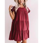 Entro Women’s Tiered Merlot Babydoll Ruffle Short Sleeve Mini Dress Size Small Photo 2