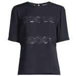 Rebecca Taylor  Lace 100% Silk T Shirt Navy Blue Crew Neck Blouse Top NWT Size XS Photo 6