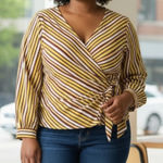 Timing Faux Wrap Blouse Yellow Red Stripes Photo 0