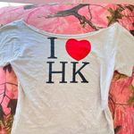 y2k i love hong kong cut off shoulder short sleeve t shirt White Photo 2