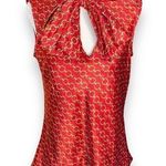 Anne Klein Vintage 90s Red Satin Chain Link Bow High Neck Tie Sleeveless Blouse Photo 0