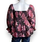 Boutique Empire Waist Babydoll Pink & Black Foral Crop Top Women’s XL Smocked Photo 4