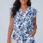 Cupshe Women’s Floral Print Ruffled Tassel Tie Romper Blue White Beachy Sz M NWT Photo 0