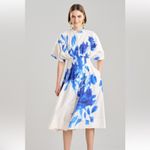 Natori White Blue Floral Collared Front Button Cinched Waist Andora Dress Size 8 Photo 1