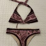 Women small Reversible bikini halter top & bottom set brown pink print flower Photo 0