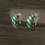 Vintage Clip On Earrings Curved Green & Gold Tone Stylish Striped Photo 1
