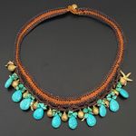 Unsigned Faux Turquoise Starfish Dolphin Beach Theme Crocheted Bohemian Necklace Blue Photo 3