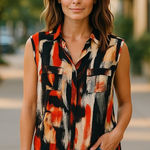 Mossimo Womens‎ Blouse Sz XL Black Purple Orange Tan Abstract Sleeveless Tank Photo 0