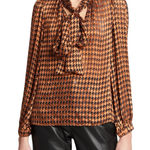 Alice + Olivia Lolita Burnout Silk Blend Houndstooth Tie-Neck Blouse Size M Photo 0