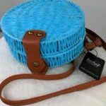 Lucky 7 turquoise Round Circular Straw Purse Sweet Feminine Floral Print Lining Blue Photo 0