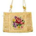 1970s Vintage Floral Cross Stitch Woven Embroidered Crossbody Basket Wicker Bag Tan Photo 3