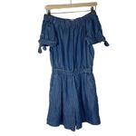 ZARA blue denim Romper white stripe off shoulder pockets women sz XS Photo 2