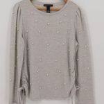 NWT INC Pearl Embellished Sweatshirt Gray Coquette Ruched Tie Sides Size PL Photo 0