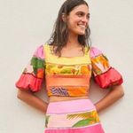 Farm Rio Tiered Top Rainbow Mixed Print Cropped Linen Multicolor Puff Sleeve Sm Photo 7