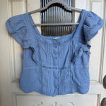 Aerie  Gauze Peplum Top Blue Square Neck Short Sleeve Button Ruffle Size Large Photo 0