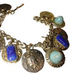 Coin Charm Bracelet Vintage Lapis Lazuli Turquoise Glass Stone Egyptian Etruscan Gold Photo 3