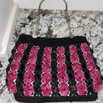 🎓 Pink & Black Striped Purse with Silver Metal Designs Metal Chain Handles Photo 1
