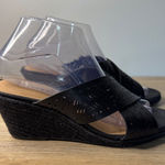 Lucky Brand  Keela Black Leather Wedge Sandals 8W 38‎ Espadrille Cutout Heels Photo 0
