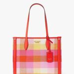 Kate Spade Market Madras Woven Fabric Tote Plaid Orange Pink Vacation Beach Photo 0